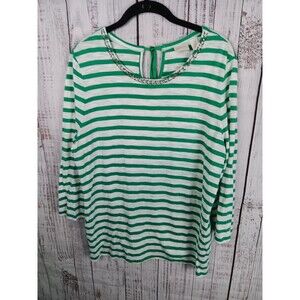 Chico's Blouse Women's 3 Green White Strips 3/4 Sleeve Beads Tie Closure